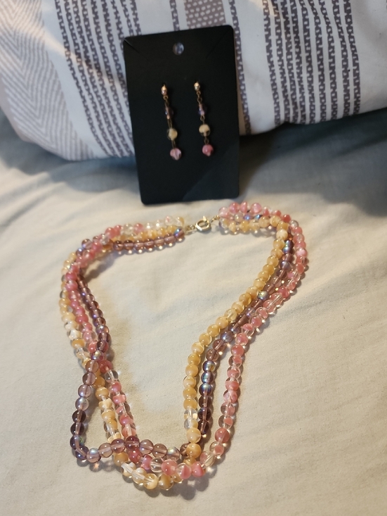 Jewelry - Multi-Strand Pink & Yellow Beaded Necklace with Matching Earrings